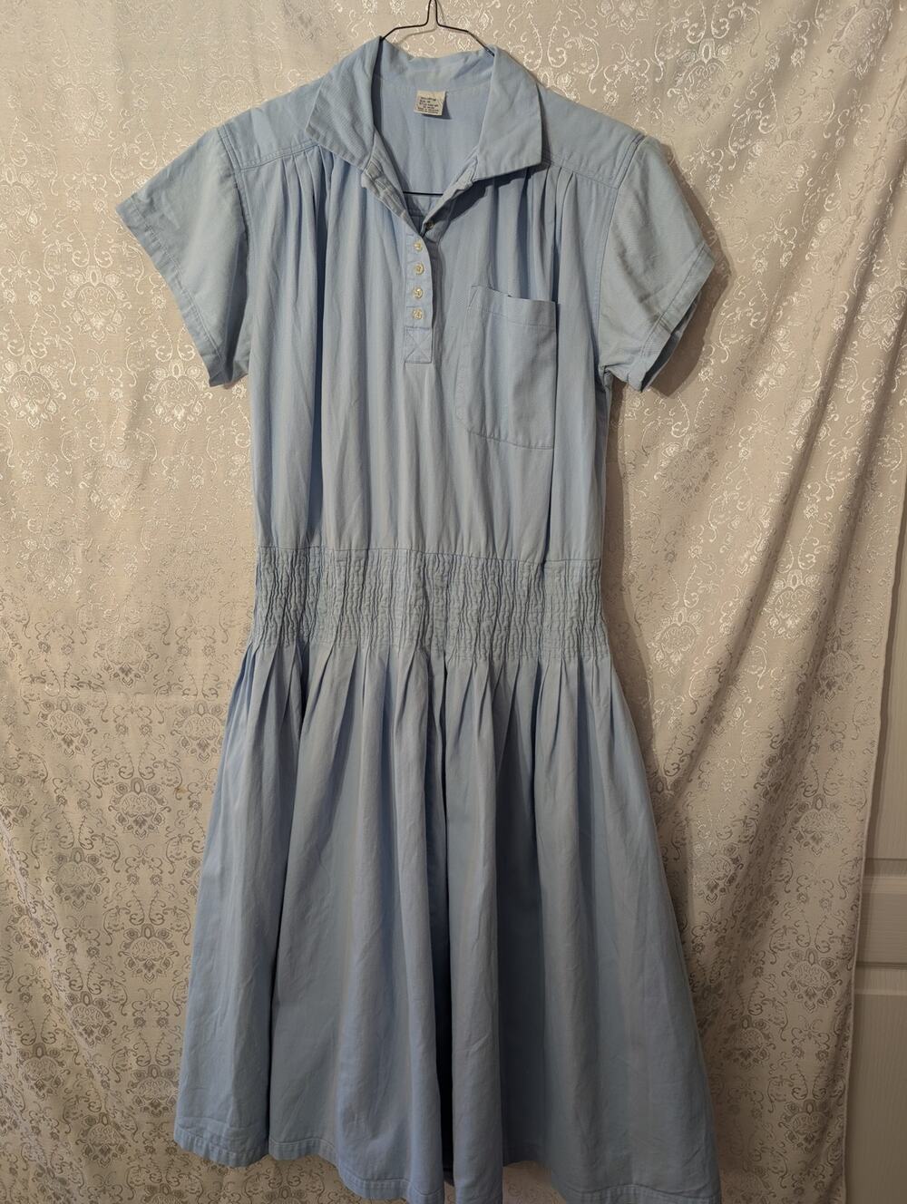 Vintage 80s Chambray Denim Smocked Drop Waist Dress Polo Collar